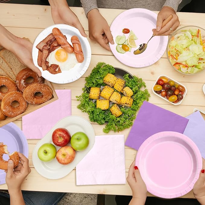 Disposable Paper Party Plates and Napkins, 150 Pcs Pink and Purple Set