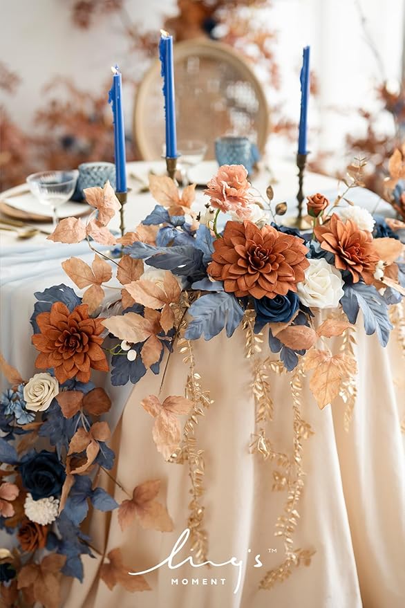 Ling's Moment 9FT Eucalyptus & Willow Leaf Garland with White Flower, Handcrafted Wedding Sweetheart Table Centerpieces Head Table Decor Arch Backdrop Decorations for Wedding | Burnt Orange & Denim