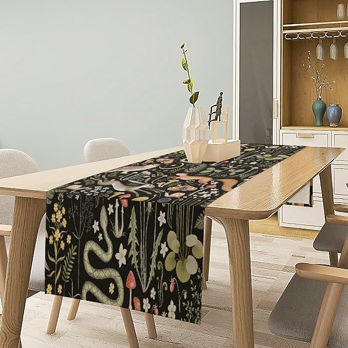 Mushroom Table Runner,Vintage Boho Forest Wild Animal Wildflower Botanical Plants Pattern Print Burlap Hotel Indoors Outdoor Dining Room Kitchen Holiday Party, 13x108in