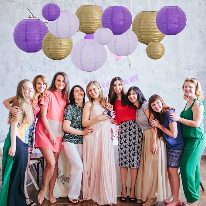 Round Paper Lanterns in Purple, Gold and Lavender, 16 Count Mixed Sizes