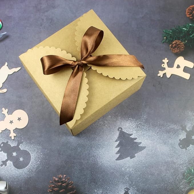 8"x 8"x 4" Kraft Gift Box with Lids and Ribbons, 6 Pack Foldable Brown Paper Cardboard Boxes for Gifts Wrapping, Bridesmaid Proposal Wedding Birthday Christmas Party Favor, Reusable, Bulk