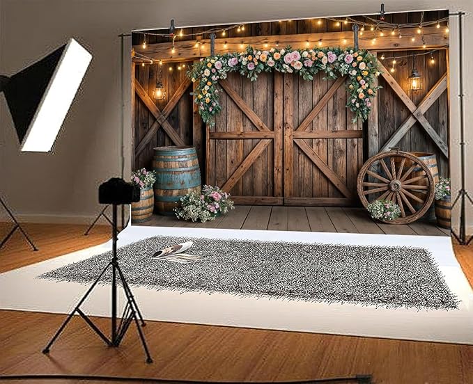 12x10ft Country Wedding Photography Backdrop Rustic Barn Door Photography Backdrop Farmhouse Pink Flower Cabin Wooden Birthday Baby Shower Wedding Bridal Party Banner Photo Booth Props Background