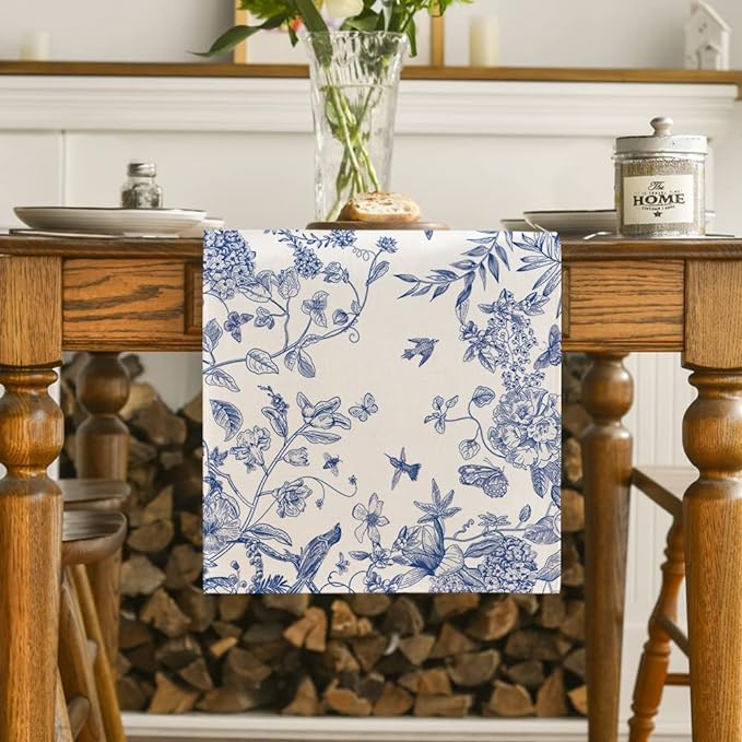 Artoid Mode Monochrome Sketch Birds and Flowers Spring Table Runner, Seasonal Summer Fall Kitchen Dining Table Decoration for Home Party Decor 13x48 Inch
