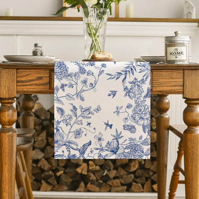 Artoid Mode Monochrome Sketch Birds and Flowers Spring Table Runner, Seasonal Summer Fall Kitchen Dining Table Decoration for Home Party Decor 13x72 Inch