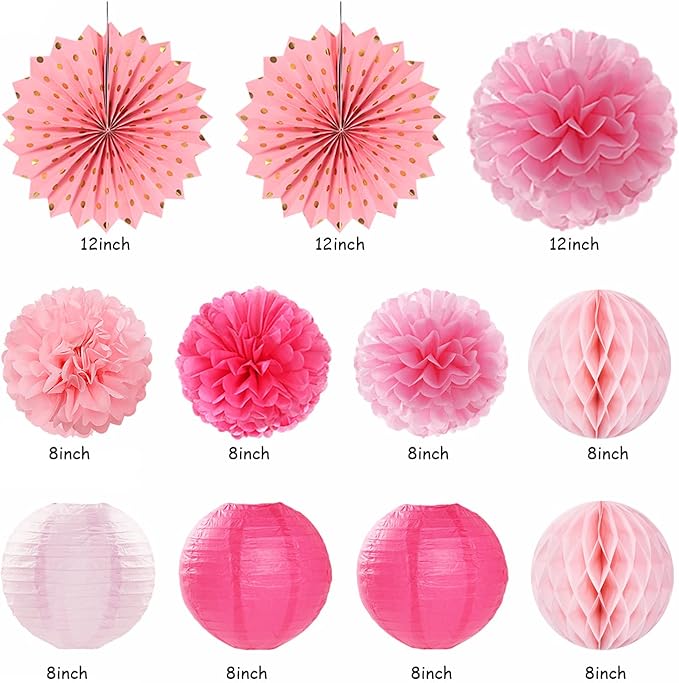 Tissue Pom Poms Pink Birthday Party Decorations Kit, 21 Pieces