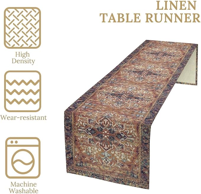 Boho Floral Vintage Table Runner, Purple Brown Retro Flower Rustic Country Farmhouse Abstract Pattern for Home Kitchen Table Decor Dining Coffee Room Party Decor 13x36in