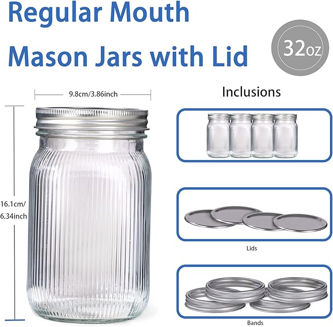MirthMood Wide Mouth Mason Jars 32 oz with Lids, Canning Jars with Metal Airtight Lids, Quart Mason Jars for Fermenting, Pickling, Freezing, Preserving, Meal Prep, Jar Décor[2 Pack]