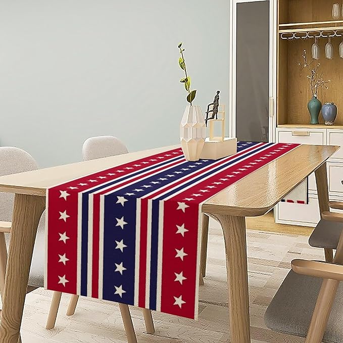 4th of July Table Runner, USA Flag Stars Stripes American Independence Day Red Blue White Stars Lines Print Table Cover for Farmhouse Kitchen Indoor Outdoor Home Party, 13x70inch