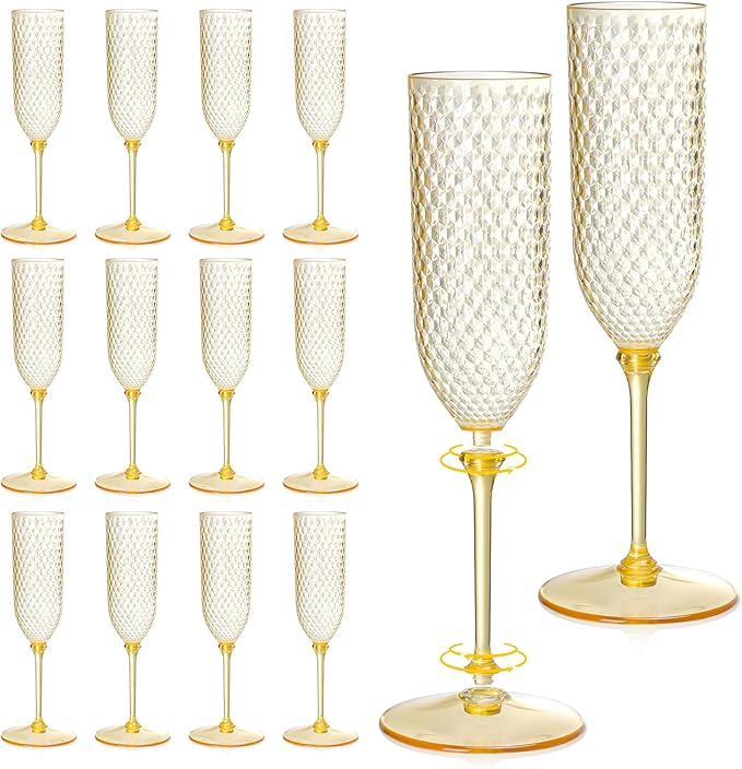 Champagne Glasses 24 Pack, Amber Detachable 2-Piece Plastic Flutes 5.5 oz