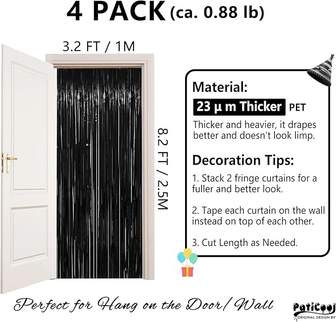Streamers Black Metallic Glitter Tinsel Backdrop 4-Pack 3.2 x 8.2 FT