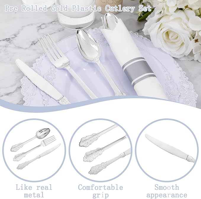 400PCS Pre Rolled Silver Plastic Silverware Sets - Heavy Duty Fancy Silver Cutlery - Include 100 Pack Wrapped Disposable Utensils with Napkins for Parties, Dinners & Weddings