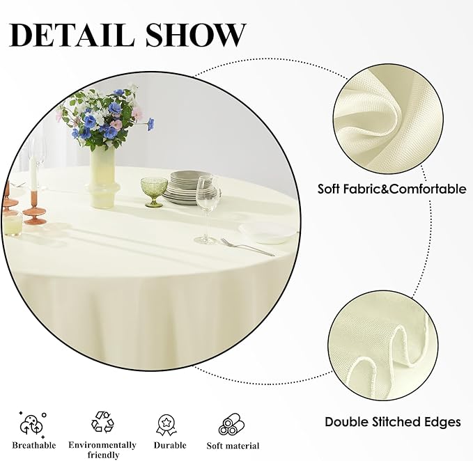 Tablecloth, 132 Inch Round Ivory Polyester, Machine Washable