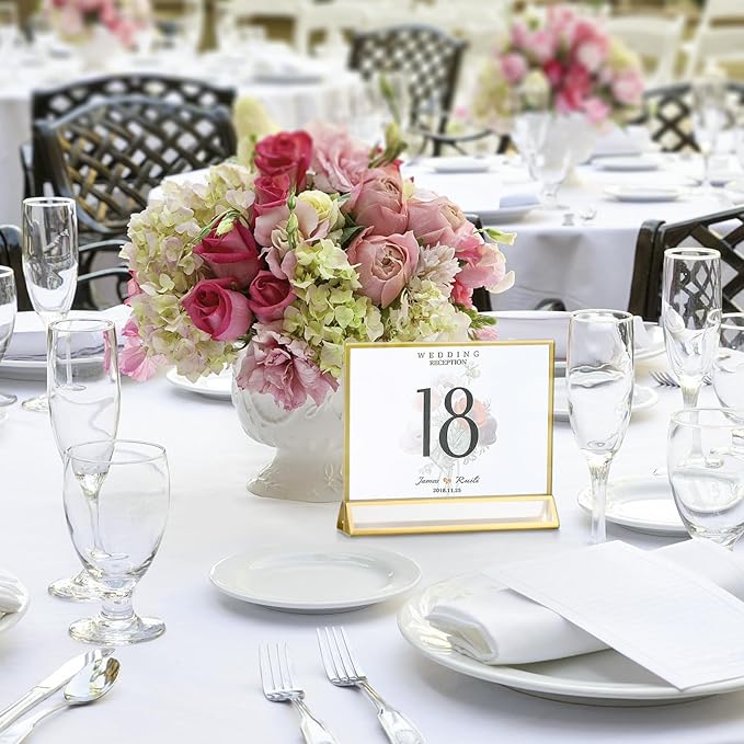 Smarpau 7x5 Gold Acrylic Sign Holder, 16 Pack Wedding Table Number Holders with Horizontal Stand, Double Sided Photo Picture Frames Stands, Flyer Stand, Paper Display Stand for Cafe, Restaurant