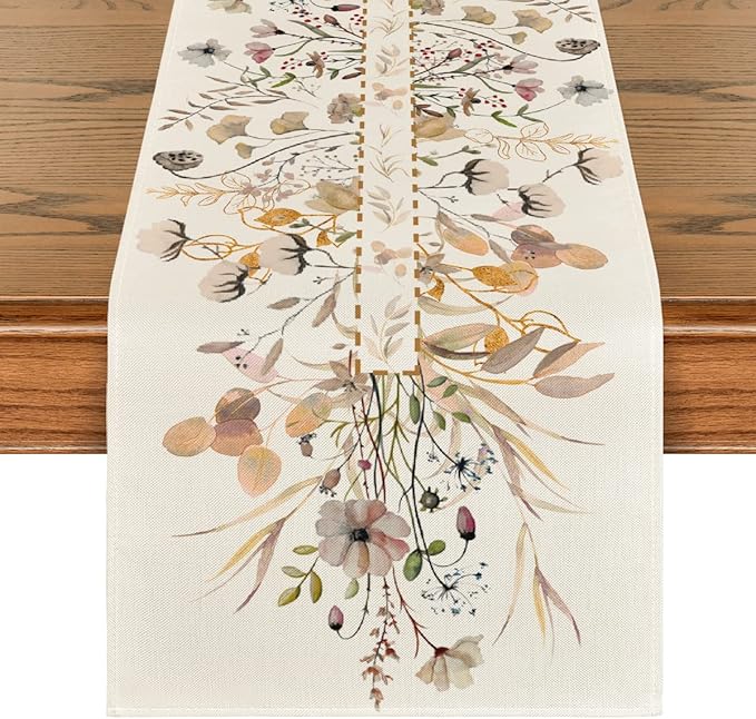 Artoid Mode Wildflower Leaves Floral Fall Table Runner, Autumn Thanksgiving Kitchen Dining Table Decoration for Indoor Outdoor Home Party 13x60 Inch