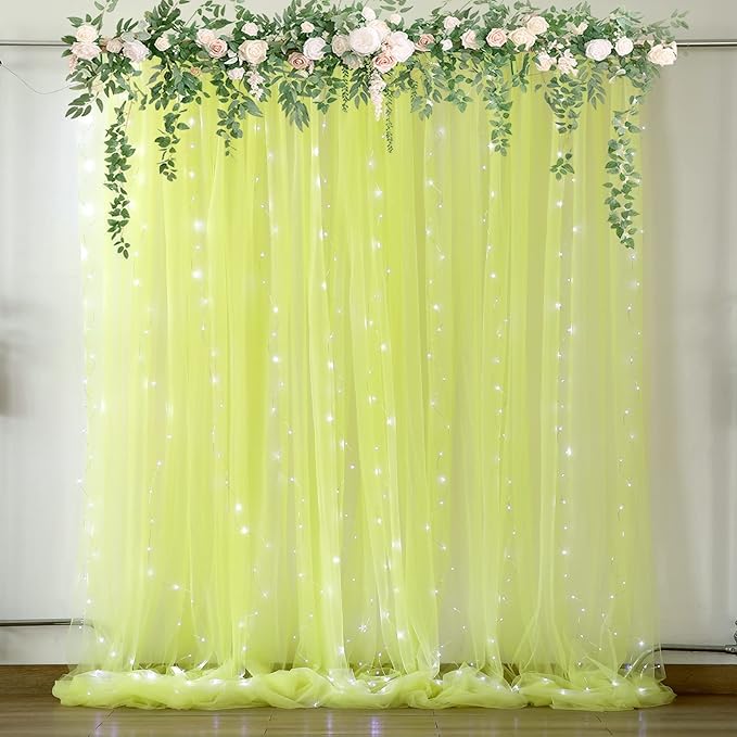 Yellow Tulle Backdrop Curtains with Lights String for Birthday Party Photoshoot 10ft × 8ft Sheer Backdrop Curtains for Baby Shower Wedding Background Decorations 2 Panels 5×8ft