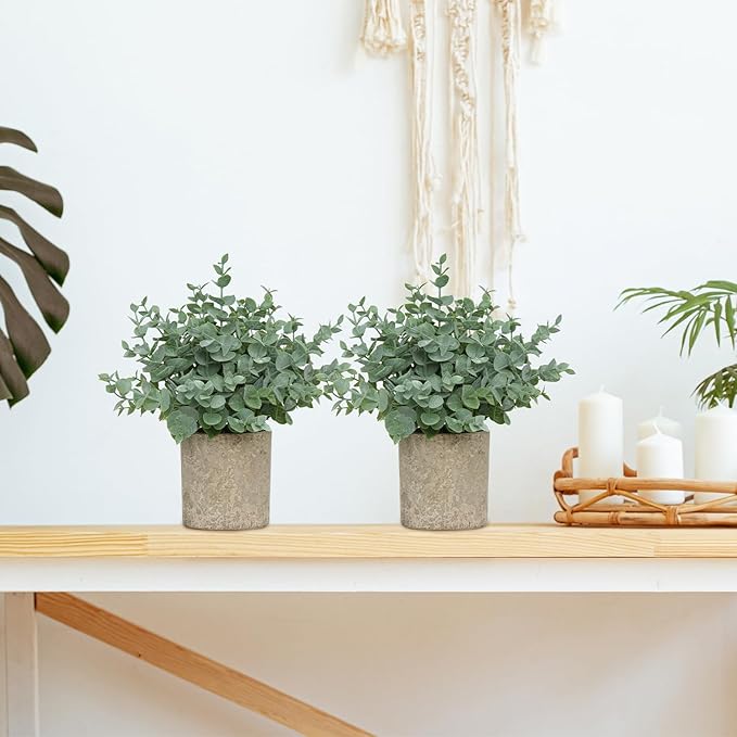 2 Pack Small Fake Plants, Artificial Eucalyptus with Gray Paper Pulp Pots, Small Potted Faux Greenery for Home Decor Indoor, Bathroom, Shelf, Office, Desk, Farmhouse Room Decoration