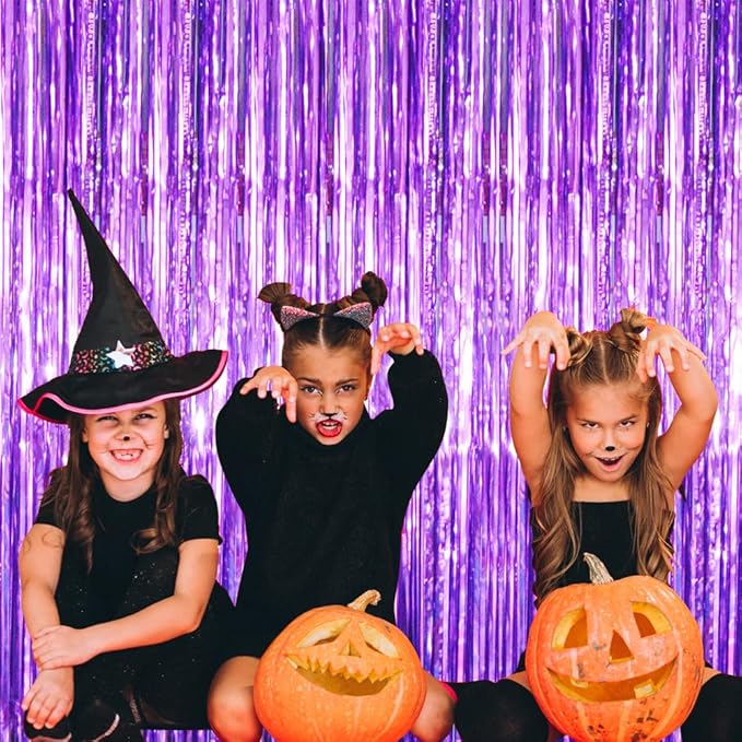 GOER 3.2 ft x 8.2 ft Metallic Tinsel Foil Fringe Curtains Party Photo Backdrop Party Streamers for Halloween Birthday,Graduation,New Year Eve Decorations Wedding Decor (4 Packs,Purple)