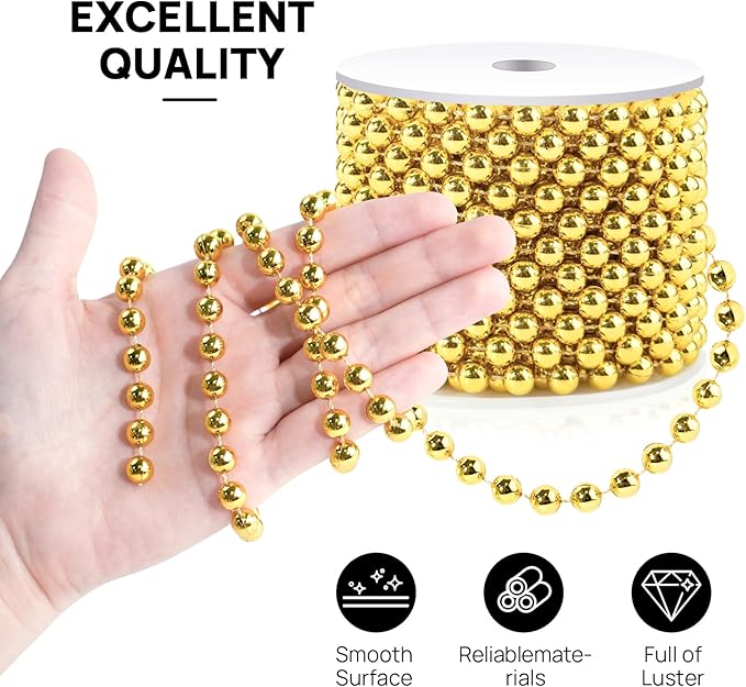 Craft String Pearls 8MM Pearl Bead, 33 Feet Gold Faux Pearl Garland Spool Roll Strand Wedding Party Decoration, Christmas Tree Decorations