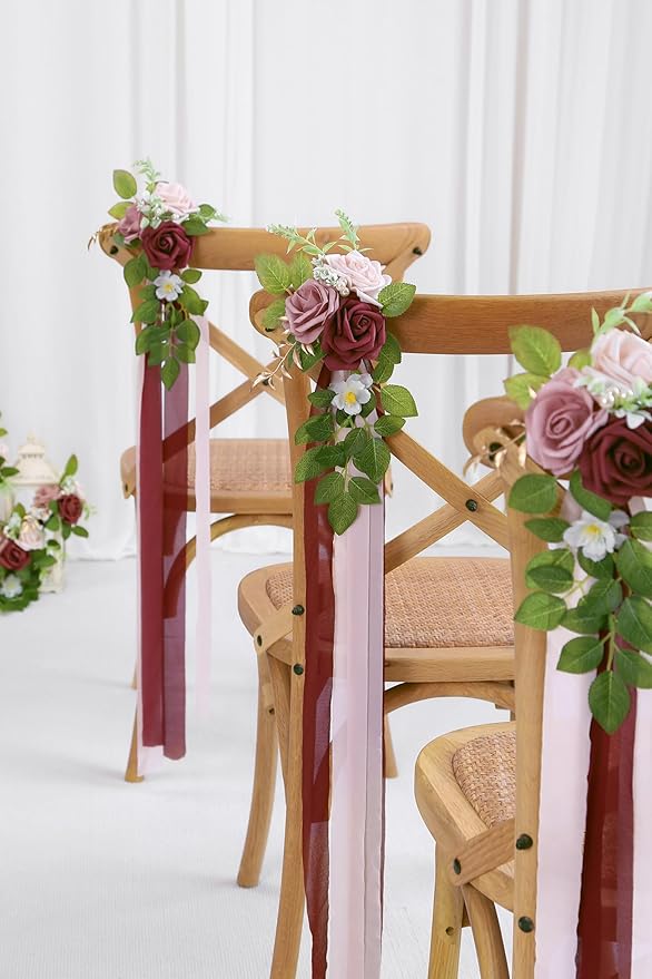 Artificial Flowers for Wedding Aisle with Burgundy Roses and Chiffon Ribbon