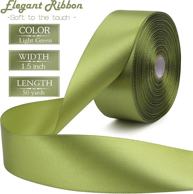Light Green Solid Satin Ribbon 1-1/2 Inch 50 Yards Solid Polyester Fabric Ribbon for Gift Wrapping Wedding Christmas Baby Shower Birthday Party Decoration Handmade Immortal Flower Craft