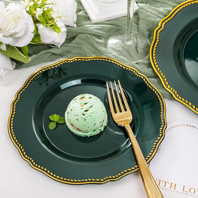 Hioasis 60pcs Green Plastic Plates - Green and Gold Disposable Dinnerware with Gold Rim, Heavy-duty, 7.5 inch, Dessert Plates for Party & Wedding