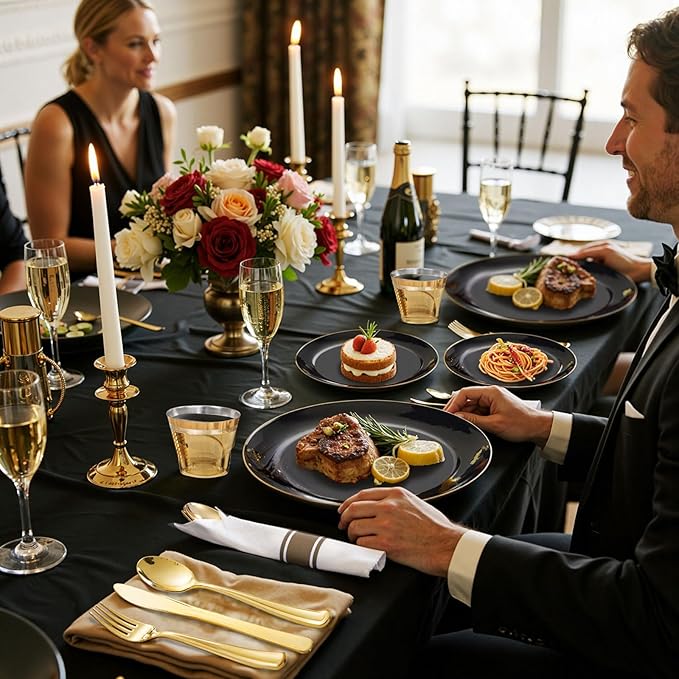 Plates in Black with Gold Trim, 200 Count Disposable Plastic Party Set