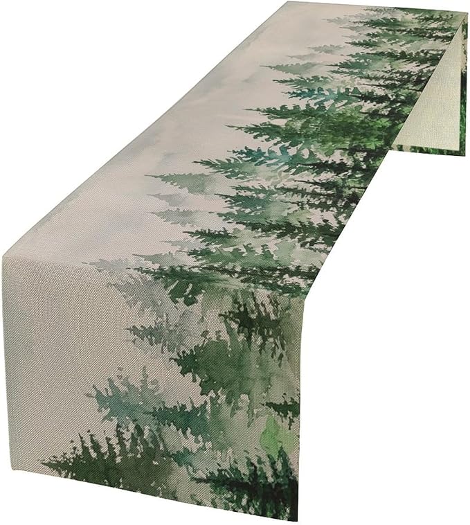 Foggy Forest Table Runner,Green Forest Natural Landscape Table Runner for Kitchen Dining Table Home Party Decoration 13x90 Inch