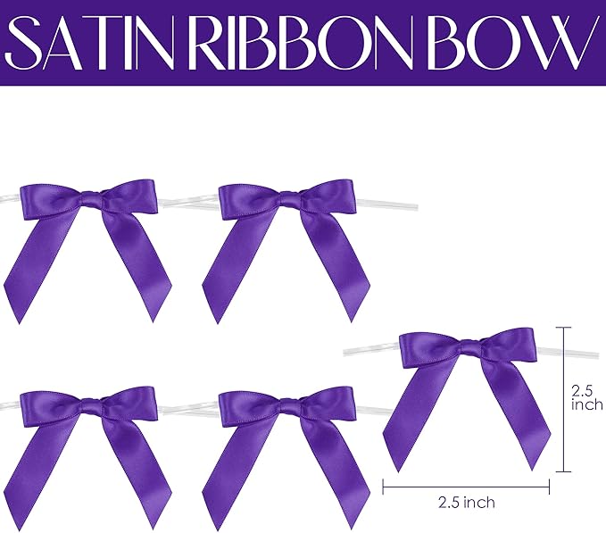Gift Wrap Bows, Purple Satin 2.5 Inch Mini Bows with Twist Ties, 50 Count