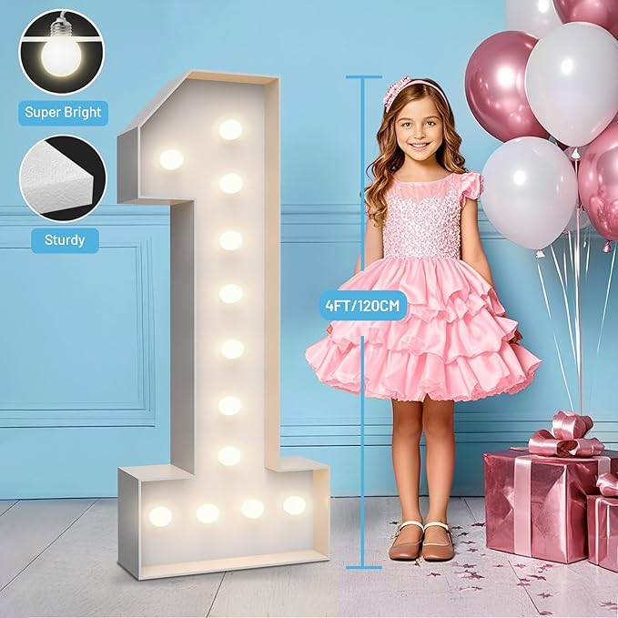 4FT Marquee Light Up Numbers 1,Party Decoration Large Marquee Light Up Letters with Weighted Water Bag,Pre-cut Foam Board Set Can Be Used for Birthdays,Weddings,Baby Anniversaries