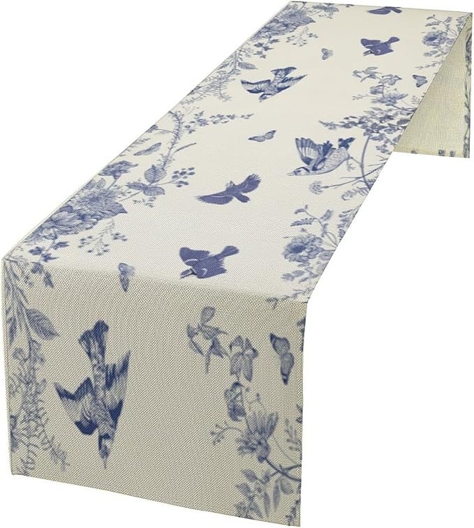 Monochrome Sketch Flowers Bird Table Runner, Seasonal Spring Fall Plants Blue Florals Dinner Runner for Home Kitchen Dining Table Party Holiday Decoration 13"x108"
