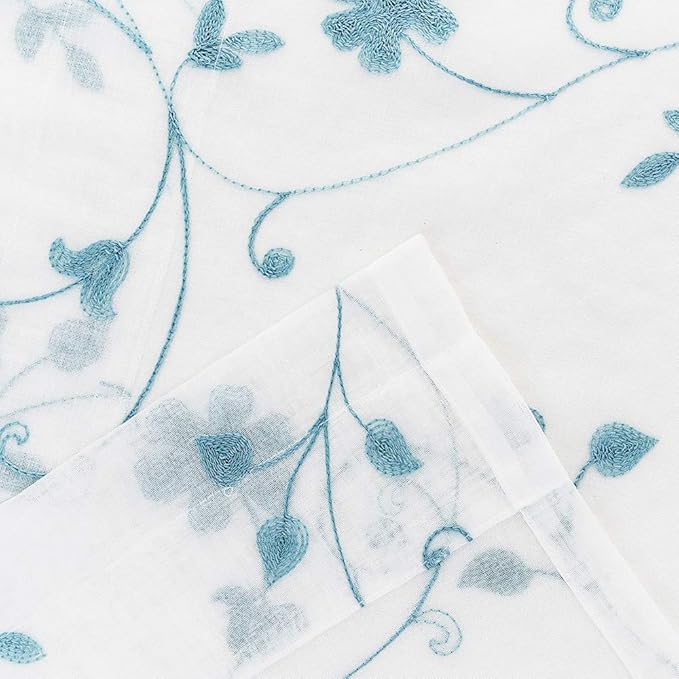 Floral Embroidery Sheer Curtains Blue 63 Inches, Rod Pocket Voile Drapes for Living room, Bedroom, Window Treatments Semi Crinkle Curtain Panels for Yard, Patio, Villa, Parlor, Set of 2, 52"x 63".