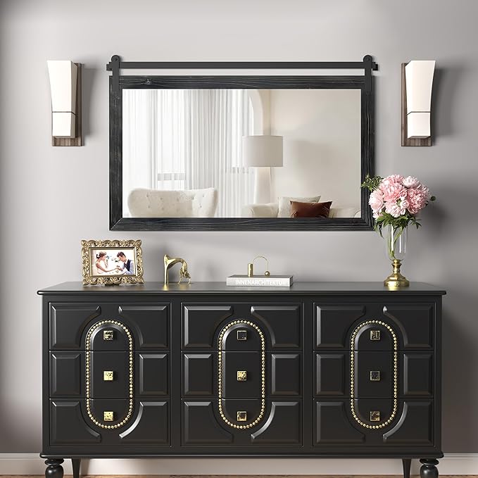 COGOOD Farmhouse Bathroom Mirror - 45 x 30 Large Rectangle Barn Door Mirror for Vanity, Bedroom, Living Room Wall Decor (Black)
