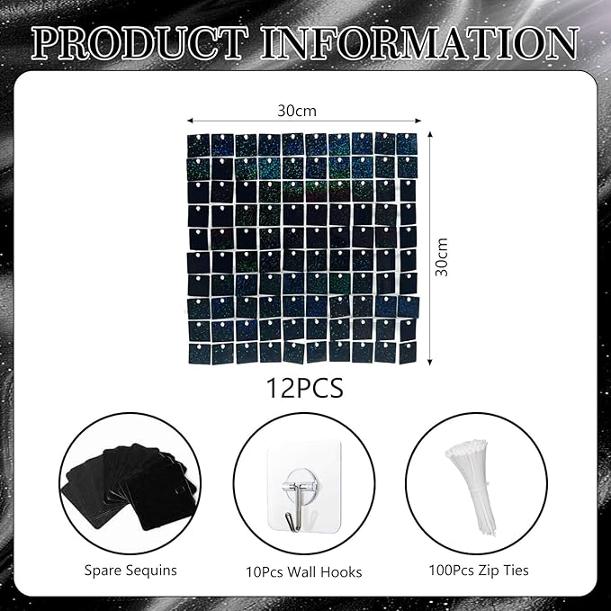 12PCS Black Shimmer Wall Backdrop, Laser Square Sequin Photo Backdrops Panel, Glitter Wall Background for Birthdays, Weddings, Christmas, Engagements, Disco Bachelorette Party Decoration (3FTx4FT)
