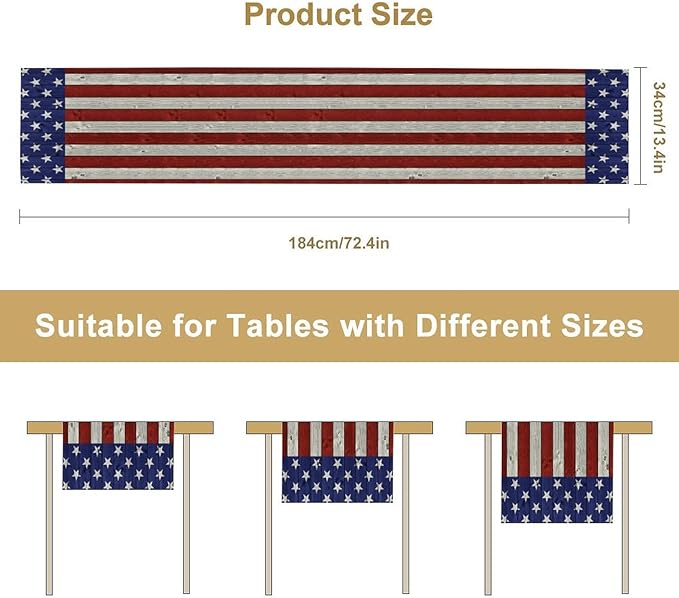 American Flag Table Runner, 4th of July USA Rustic Vintage Wooden Blue Red Stars Stripes Print Table Runner for Farmhouse Kitchen Dining Table Decor, 13x120inch