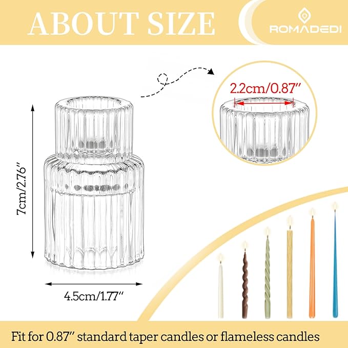 Romadedi Glass Candle Holder for Candlestick - 2Pcs Clear Small Tapered Candle Holders Wedding Decor Table Centerpiece for Candle Sticks Christmas Party Table Living Room Dinner Advent