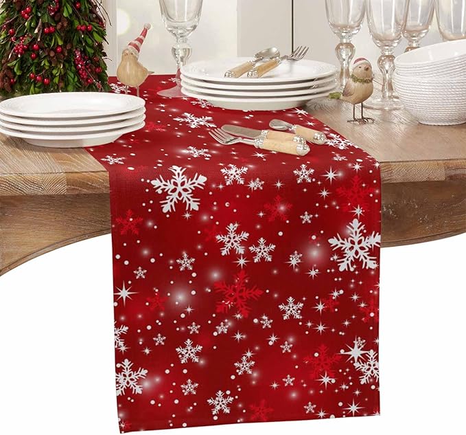 Christmas Snowflakes Cotton Linen Table Runner for Dining Kitchen, Red Xmas Winter Snow Wedding Outdoor Party Tablerunners Decoration, New Year Dresser Scarf Coffee Tablecloth Runners 13x70 Inches