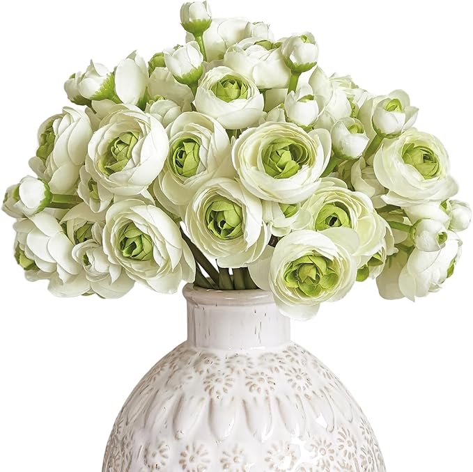 Letjolt Ranunculus Artificial Flower 18 Pcs Green Silk Ranunculus Wedding Bouquet Engagement Centerpieces Arrangements Bridal Shower Decorations Home Decor, Green