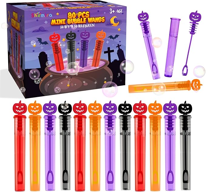 Shemira 80PCS Halloween Bubble Wands, Mini Bubbles Party Favors for Kids, Halloween Party Favors, Goodie Bag Stuffers, Classroom Prizes Gifts for Kids, Halloween Trick or Treat Toys Bulk