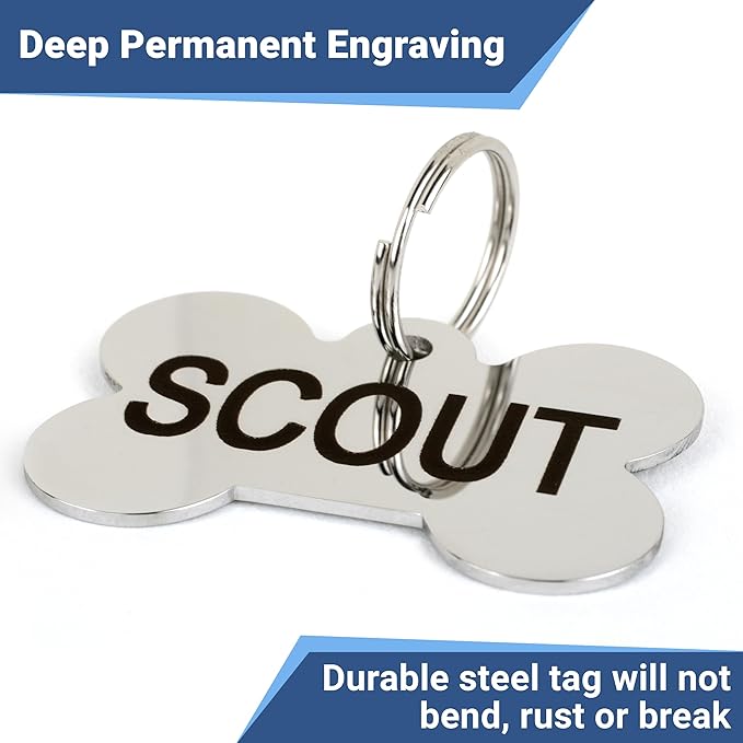 GoTags Stainless Steel Pet ID Tags, Personalized Dog Tags and Cat Tags, up to 8 Lines of Custom Text, Engraved on Both Sides, in Bone, Round, Heart, Bowtie and More (Rectangle, Regular (Pack of 1))