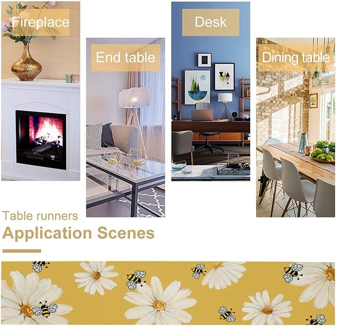 Daisy Flower Table Runner, Summer Spring Seasonal Watercolor Wildflower Yellow Bee Print Table Cover for Home Party Decor Kitchen Dining Table, 13x90inch