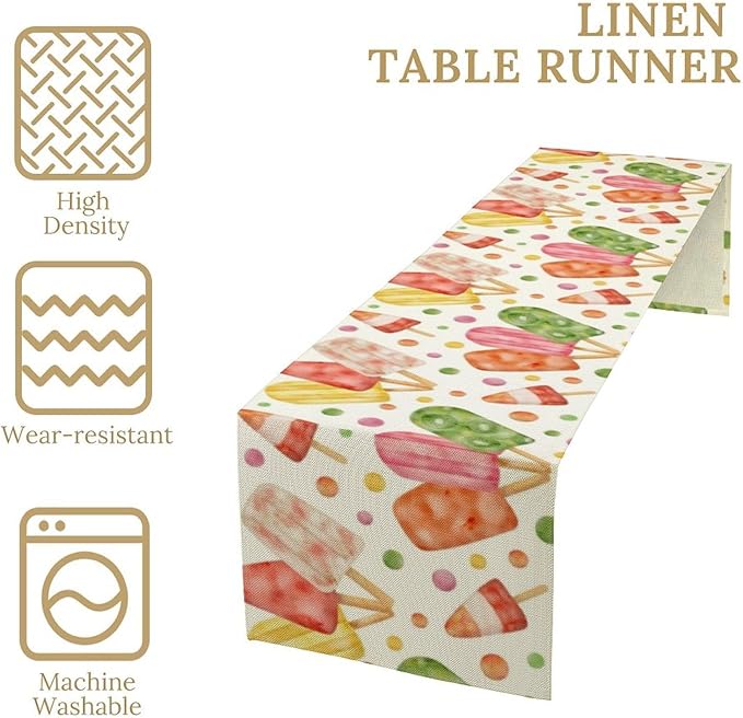 Summer Popsicles Table Runner, Watercolor Colorful Fruit Ice Cream Pops Berry Kiwi Cold Summer Sweet Seasonal Dinner Runner for Party Holiday Home Kitchen Dining Table Decor 13"x36"