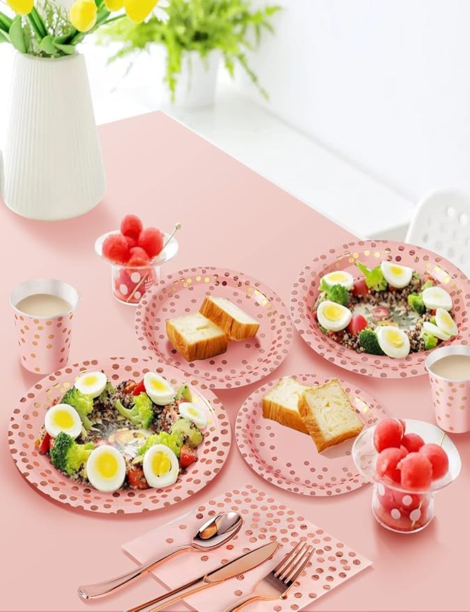 141 Pieces Pink and Rose Gold Party Supplies, Party Dinnerware Sets Include Paper Plates Napkins Cups Silverware, for Wedding Bridal Shower Engagement Birthday Parties Decoration -20 Serves