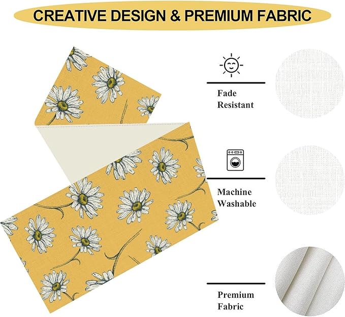 Daisy Table Runner, Spring Floral Seasonal Summer Yellow Flower Rustic Farmhouse Table Center Decor for Home Kitchen Dining Patio Holiday Party Indoor Outdoor Table Decorations, 13"x36" Inch
