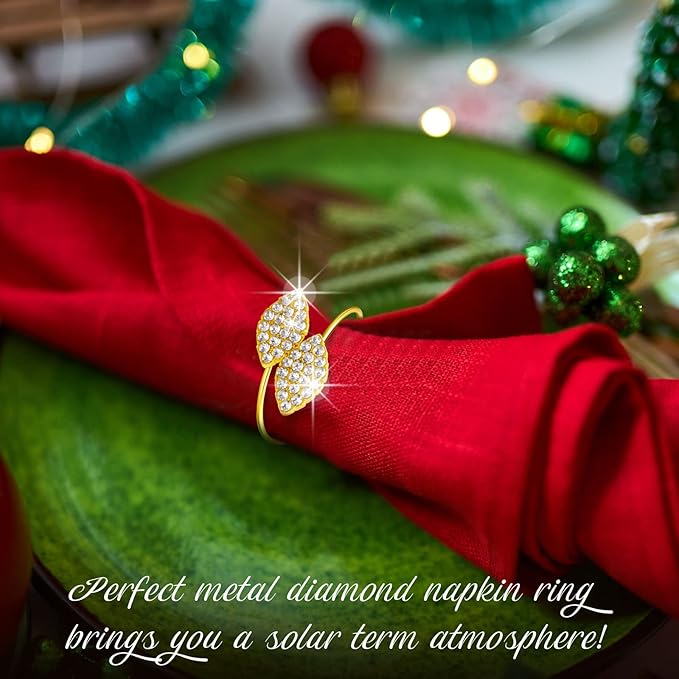 Hotop 60 Pcs Napkin Rings Gold Table Decorations, Elegant Bling Leaves Napkin Rings, Rhinestone Guest Towels Buckle for Wedding Gold Party, Thanksgiving Christmas Dinner Banquet Table Decoration
