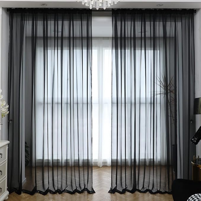Window Black Sheer Curtains 63 Inches Long 2 Panels Sheer Curtain Basic Rod Pocket Panel for Bedroom Children Living Room Yard Kitchen (Black, 52" W x 63" L | 2 pcs)