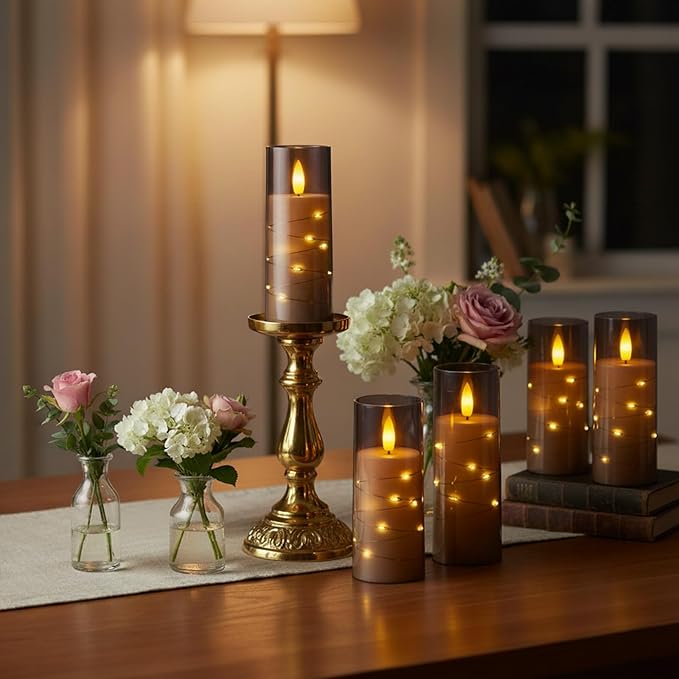 Raycare Flameless Candle with Remote Timer, 7 Flickering Acrylic Battery Operated LED Pillar Candles with Embedded Star String for Halloween, Home Decor, and as a Gift(Grey)