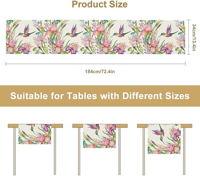Hummingbird Table Runner,Pink Floral Country Style Table Runner for Kitchen Dining Table Home Party Decoration 13x72 Inch