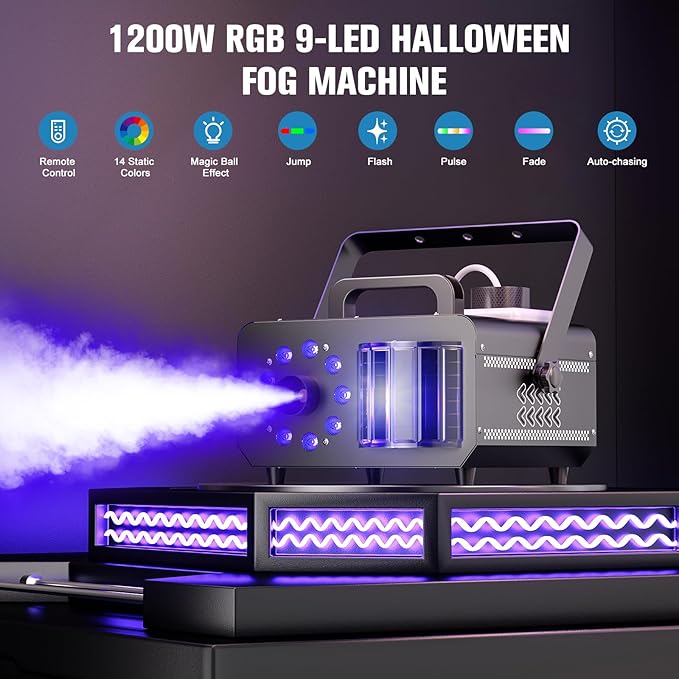Fog Machine with 9 RGBW LED Lights, 1200W Professional Smoke Machine, 1L Tank, 3000CFM Output, 14 Colors for DJ Party Stage Wedding Halloween