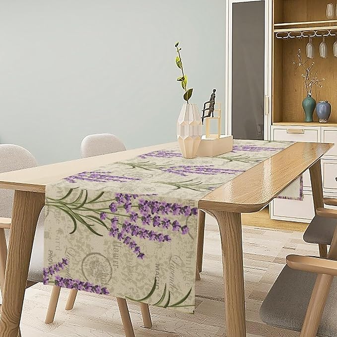 Floral Lavender Table Runner,Vintage Rustic Country Romantic Purple Flower Pattern Print Burlap for Hotel Indoors Outdoor Dining Room Kitchen Home Decor, 13x60in