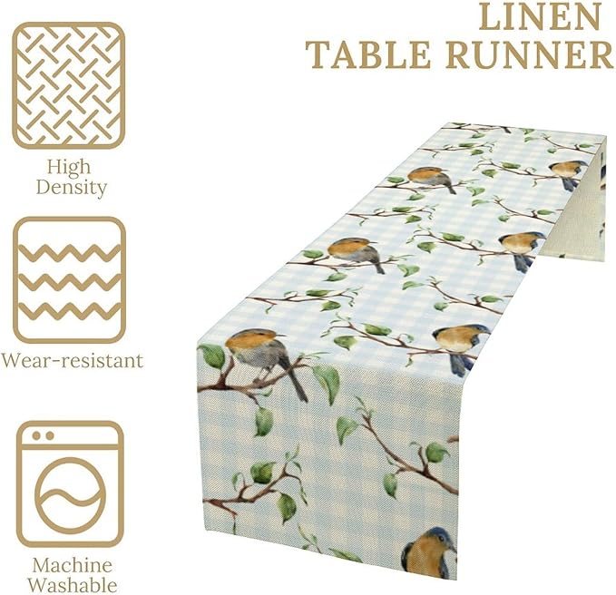 Bird Table Runner,Spring Birds Tree Blue Plaid Print Table Runner for Kitchen Dining Table Decoration Home Party Decor 13x120 Inch